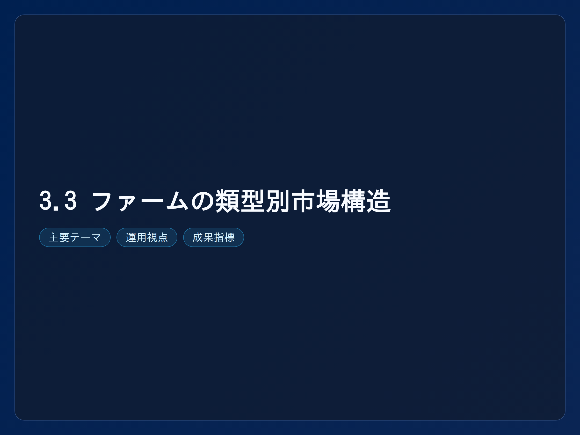 テーマ『3.3 ファームの類型別市場構造』の図解。主要要素: ピクトグラム(アイコン)を3〜5個、矢印で因果関係、視線誘導用の強調ポイントを1か所。